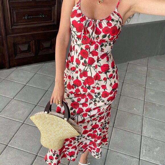 Red Boho Women's Elegant Floral Rose Print Sleeveless Dress - Picture 4 of 7